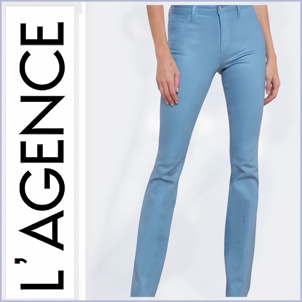 NWOT L'AGENCE RUTH High Rise Straight Leg Raw Hem Coated Jeans Blue Mist Sz 25